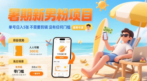 暑期新男粉项目 单号日入5张 不需要剪辑  没有任何门槛-冒泡网