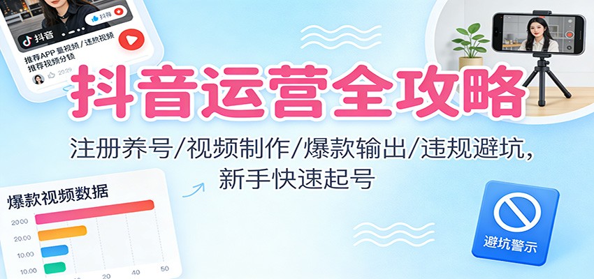 抖音运营全攻略：注册养号/视频制作/爆款输出/违规避坑，新手快速起号-冒泡网