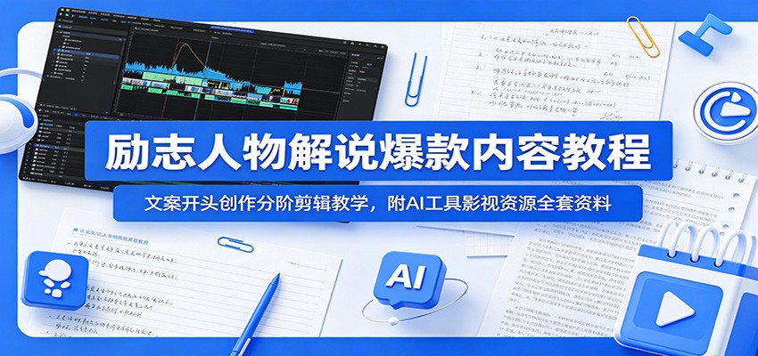 励志人物解说爆款内容教程：文案开头创作分阶剪辑教学，附AI 工具影视资源全套资料-冒泡网