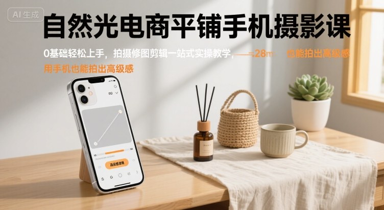 自然光电商平铺手机摄影课，0基础轻松上手，拍摄修图剪辑一站式实操教学，用手机也能拍出高级感-冒泡网
