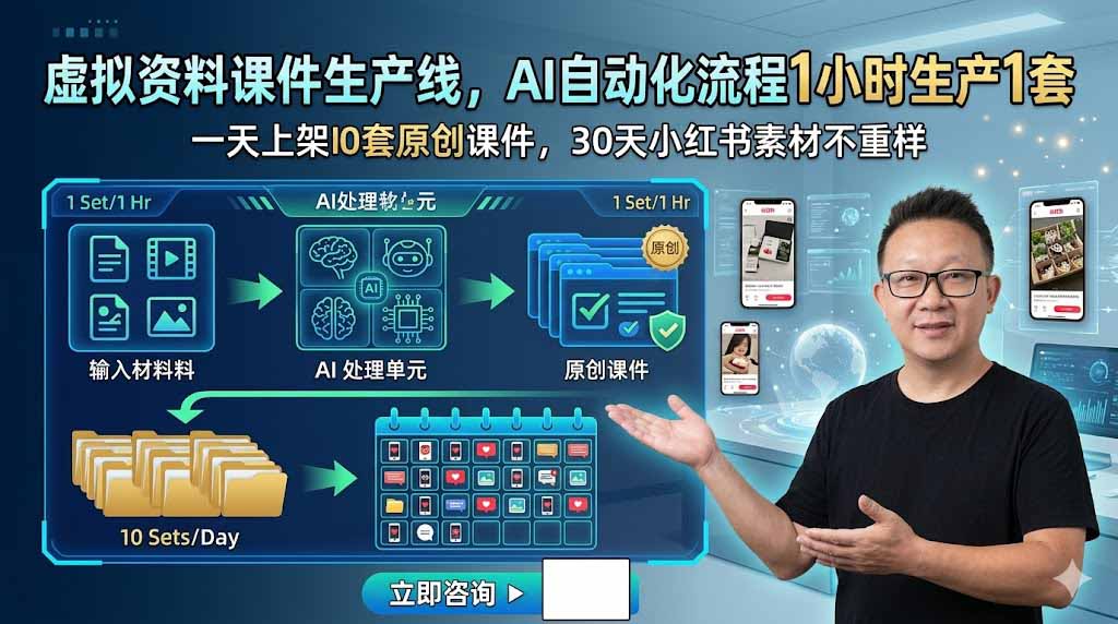 虚拟资料课件生产线，AI自动化流程1小时生产1套，一天上架10套原创课件，30天小红书素材不重样-冒泡网