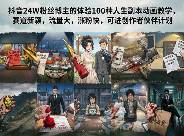 抖音24W粉丝博主的体验100种人生副本动画教学，赛道新颖，流量大，涨粉快，可进创作者伙伴计划-冒泡网