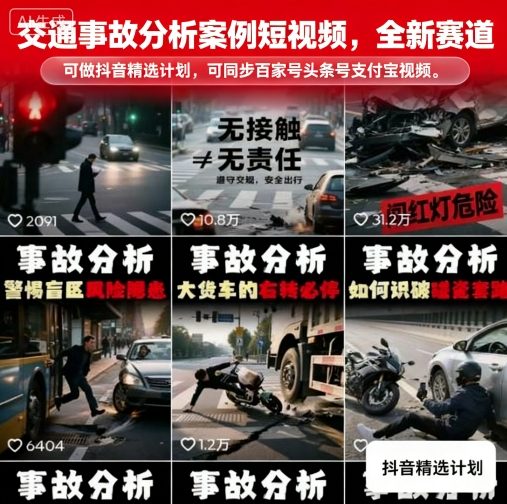 交通事故分析案例短视频，全新赛道，可做抖音精选计划，可同步百家号头条号支付宝视频号平台-冒泡网