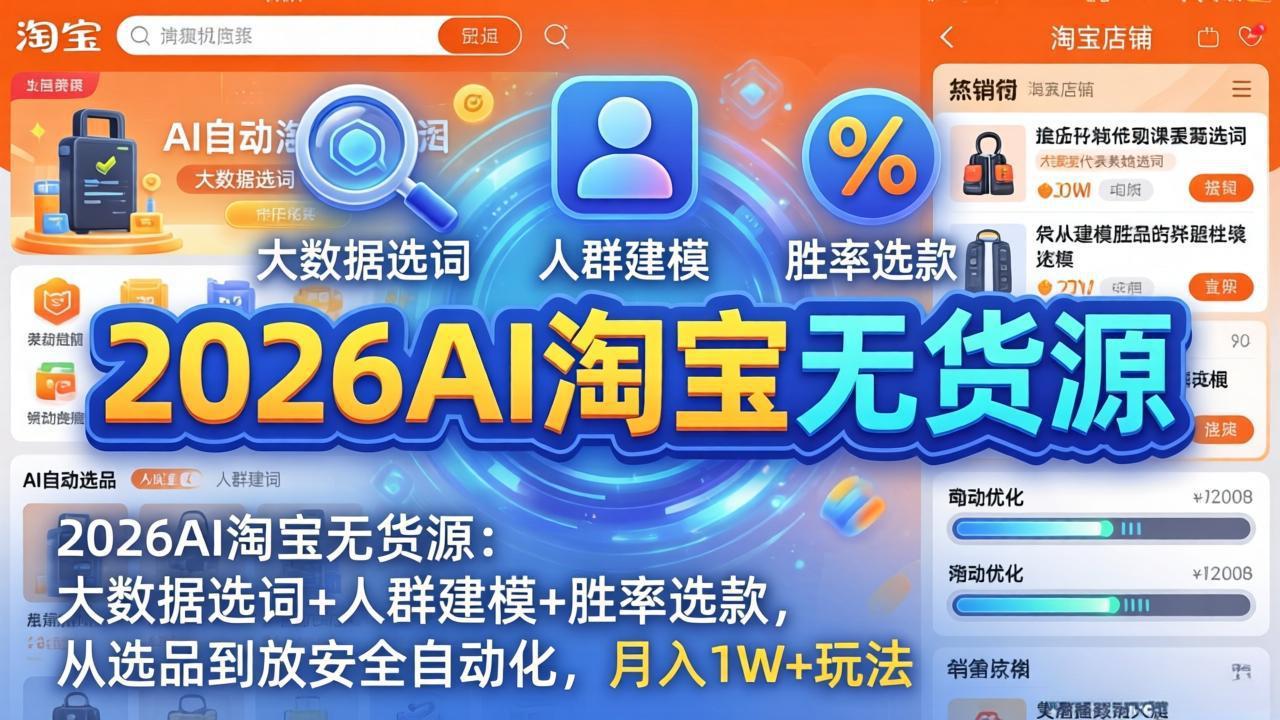 2026AI淘宝无货源：大数据选词+人群建模+胜率选款，从选品到放大全自动化，月入1W+玩法-冒泡网