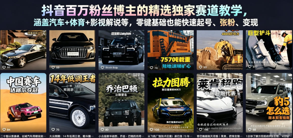 抖音百万粉丝博主的精选独家赛道教学，涵盖汽车+体育+影视解说等，零基础也能快速起号、涨粉、变现-冒泡网