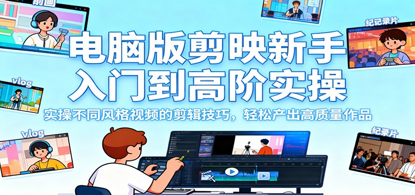 电脑版剪映新手入门到高阶实操，实操不同风格视频的剪辑技巧，轻松产出高质量作品-冒泡网