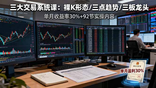 三大交易系统课：裸K形态/三点趋势/三板体系，单月收益率30%+92节实操内容-冒泡网