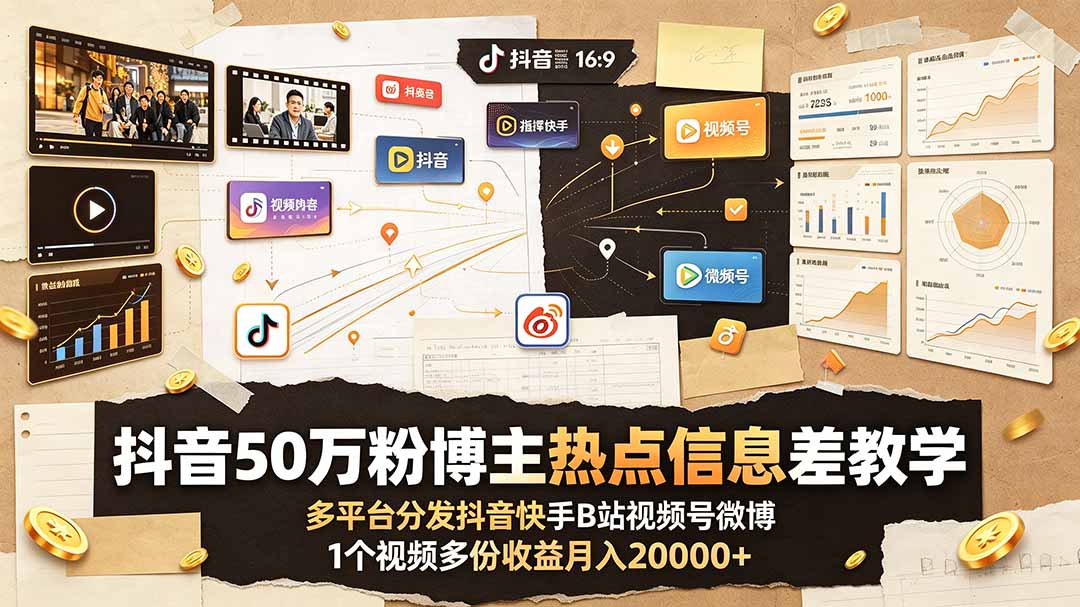 抖音50万粉博主热点信息差教学：多平台分发抖音快手B站视频号微博，1个视频多份收益月入20000+-冒泡网
