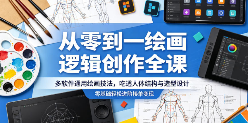 从零到一绘画逻辑创作全课，多软件通用绘画技法，吃透人体结构与造型设计，零基础轻松进阶接单变现-冒泡网