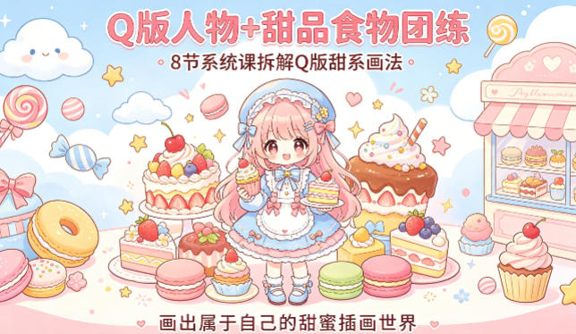 Q版人物+甜品食物团练，8节系统课拆解Q版甜系画法，画出属于自己的甜蜜插画世界-冒泡网