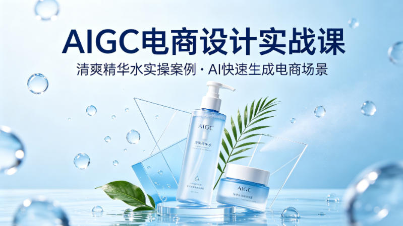 AIGC电商设计实战课，以清爽精华水为实操案例，教你用AI快速生成电商场景-冒泡网