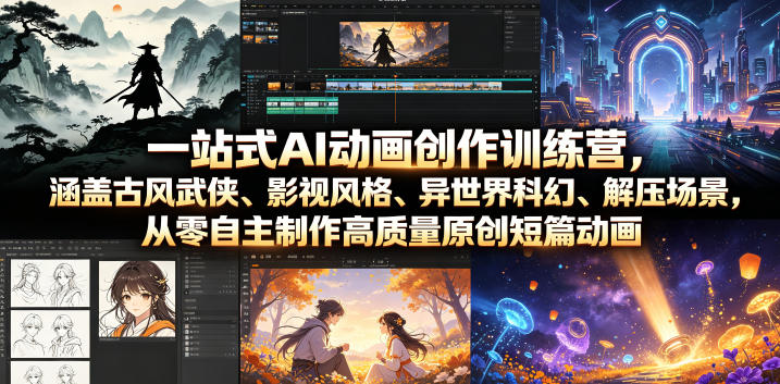 c7613ba8029ddfabe95ae3beae50937a.jpeg 一站式AI动画创作训练营,涵盖古风武侠、影视风格、异世界科幻、解压场景,从零自主制作高质量原创短篇动画