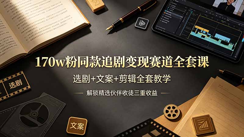 170w粉博主同款追剧变现赛道全套课，选剧+文案+剪辑全套教学，解锁精选伙伴收徒三重收益-冒泡网
