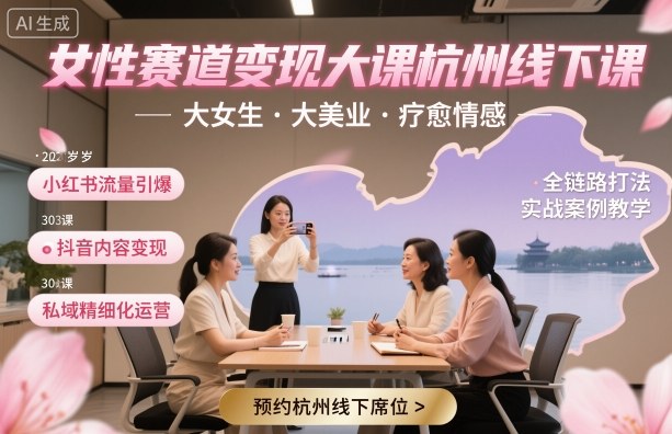 女性赛道变现大课杭州线下，大女生，大美业，疗愈情感，一套小红书、抖音、私域全链路打法-冒泡网