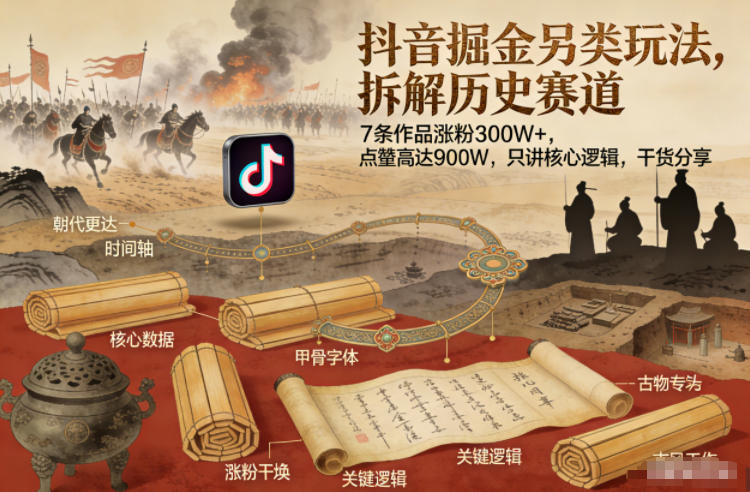 抖音掘金另类玩法，拆解历史赛道，7条作品涨粉300W+，点赞量高达900W，只讲核心逻辑，干货分享-冒泡网