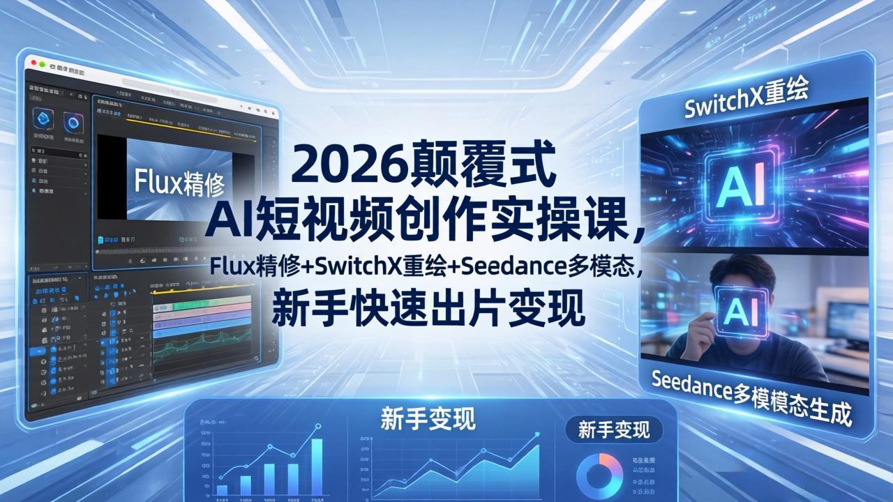 2026颠覆式 AI短视频创作课-5月更新,Flux精修+SwitchX重绘+Seedance多模态,新手快速出片变现-冒泡网