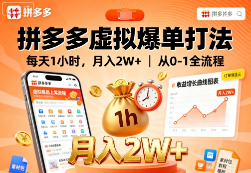 拼多多虚拟爆单打法，每天1小时，月入2W+，从0-1全流程-冒泡网