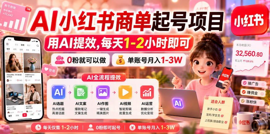 d4838cff2c4527474c9b7d9f5a2d1fa7.jpeg AI小红书商单起号项目,用AI提效,每天1-2小时即可,0粉就可以做,单账号月入1-3W