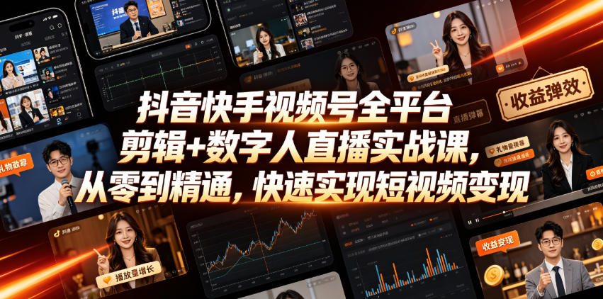 抖音快手视频号全平台剪辑+数字人直播实战课，从零到精通，快速实现短视频变现(更新2026年6月)​-冒泡网