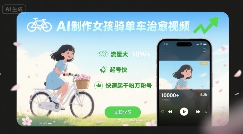 AI制作女孩骑单车治愈视频，流量大，起号快，快速起千粉万粉号-冒泡网