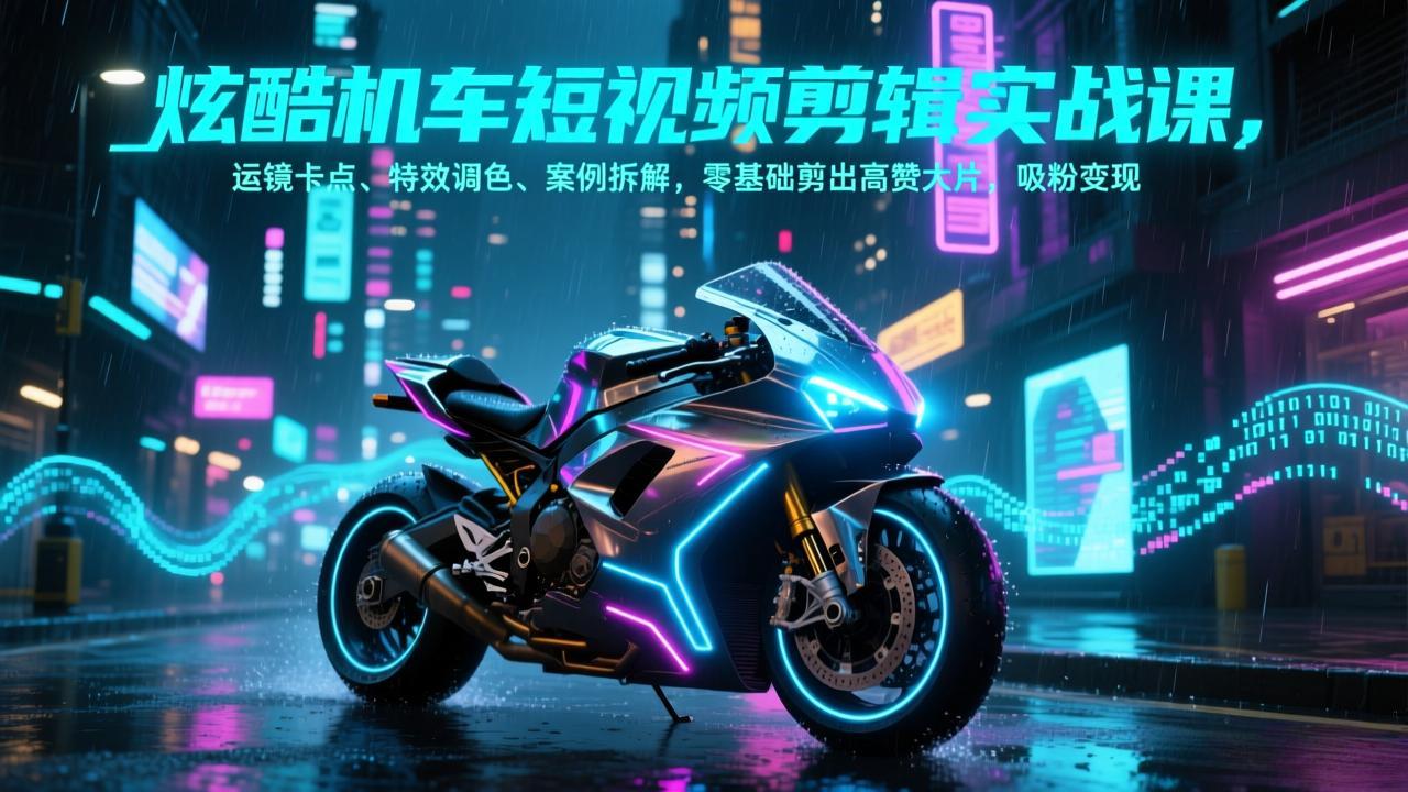炫酷机车短视频剪辑实战课，运镜卡点、特效调色、案例拆解，零基础剪出高赞大片，吸粉变现-冒泡网
