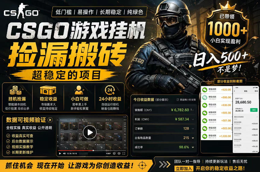 CSGO游戏搬砖，全自动挂G，不需要玩游戏，手机操作日入300+，解放双手【揭秘】-冒泡网