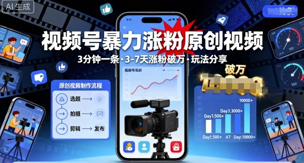 视频号暴力涨粉原创视频，3分钟一条原创视频，3-7天涨粉破万，玩法分享给你-冒泡网