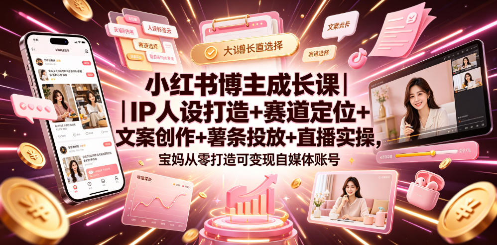 小红书博主成长课｜IP人设打造+赛道定位+文案创作+薯条投放+直播实操，宝妈从零打造可变现自媒体账号-冒泡网