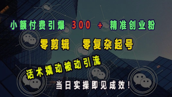 小额付费引爆 300 + 精准创业粉，零剪辑、零复杂起号，话术撬动被动引流，当日实操即见成效-冒泡网