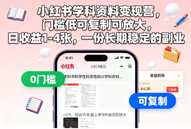 e78c627278c40b8d132654d868a32d8c.jpeg 小红书学科资料变现营,门槛低可复制可放大,日收益1-4张,一份长期稳定的副业