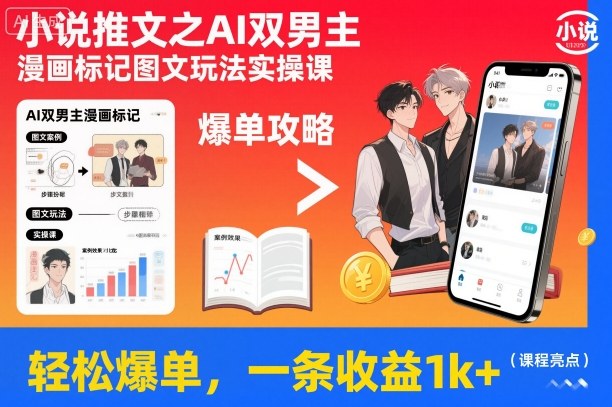 小说推文之AI双男主漫画标记图文玩法实操课，轻松爆单，一条收益1k+-冒泡网