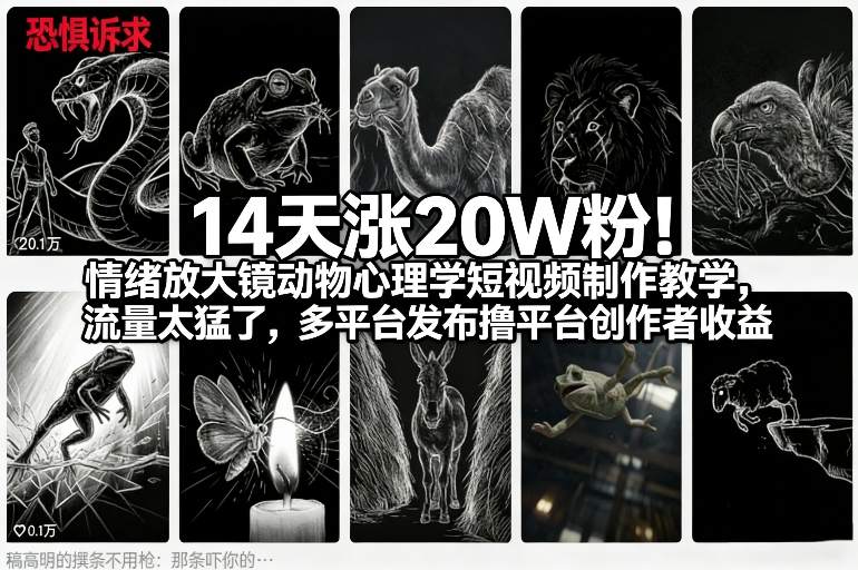 14天涨20W粉！情绪放大镜动物心理学短视频制作教学，流量太猛了，多平台发布撸平台创作者收益-冒泡网