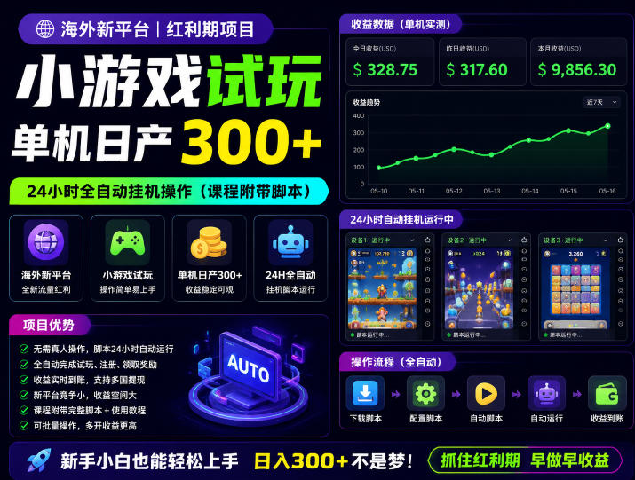 海外新平台，小游戏试玩，单机日产300+，24小时全自动挂G操作(课程附带脚本)【揭秘】-冒泡网