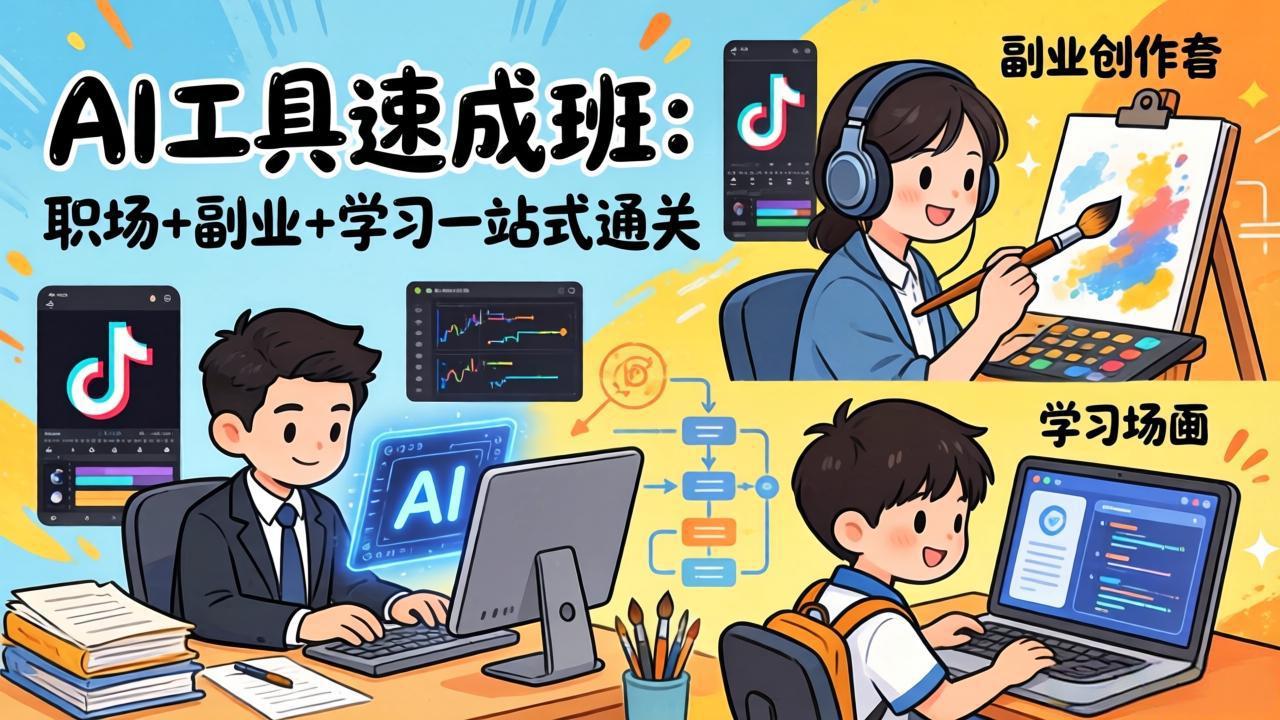 AI工具速成班：职场+副业+学习一站式通关，20+爆款类型+剪映技巧+抖音算法，0基础快速上手-冒泡网