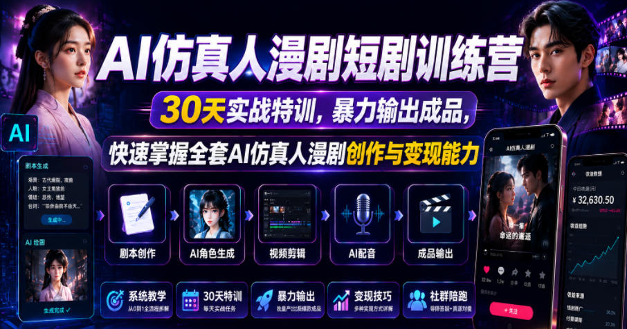 AI仿真人漫剧短剧训练营，30天实战特训，暴力输出成品，快速掌握全套AI仿真人漫剧创作与变现能力-冒泡网
