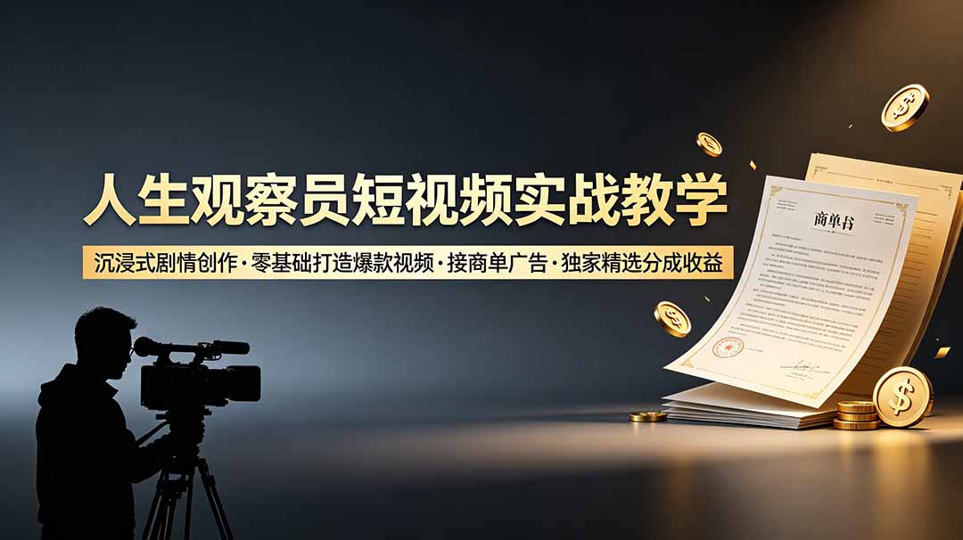 人生观察员短视频实战教学，沉浸式剧情创作，零基础打造爆款视频，接商单广告，独家精选分成收益-冒泡网