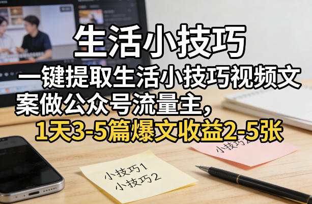 一键提取生活小技巧视频文案做公众号流量主，1天3-5篇爆文收益2-5张-冒泡网