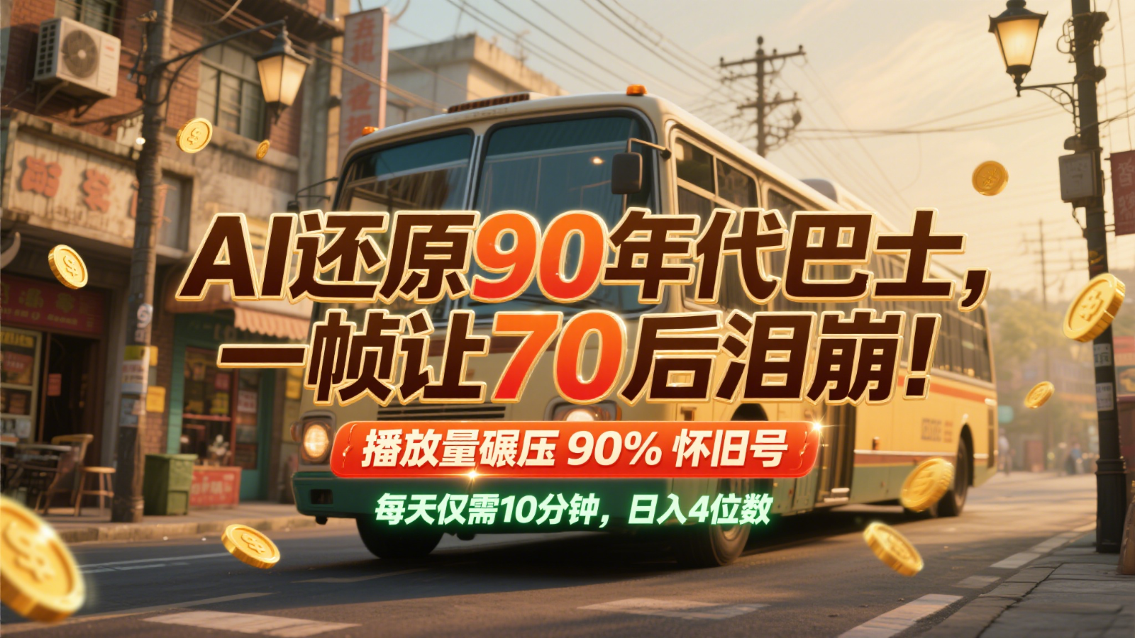 AI还原90年代巴士，一帧让70后泪崩！播放量碾压90%怀旧号，每天10分钟，日入4位数-冒泡网