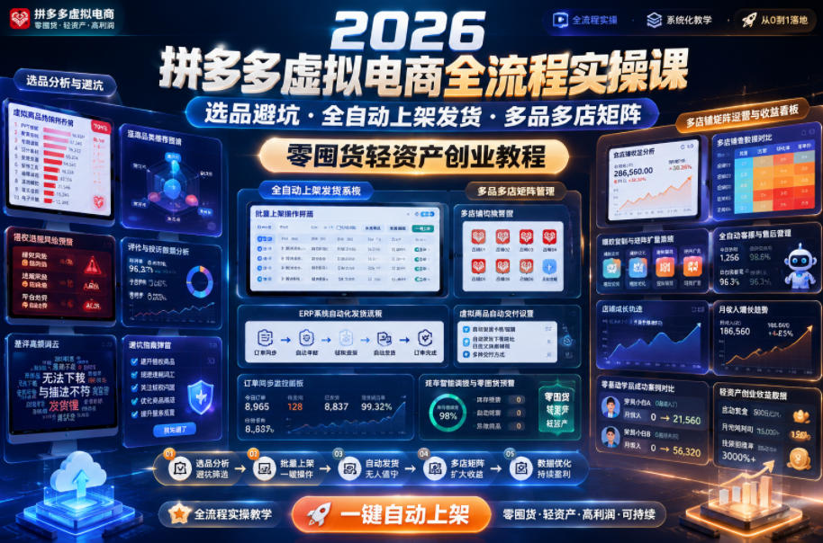 f785ea2101676b5d1303372fbe55049f.jpeg 2026拼多多虚拟电商全流程实操课,选品避坑・全自动上架发货・多品多店矩阵,零囤货轻资产创业教程