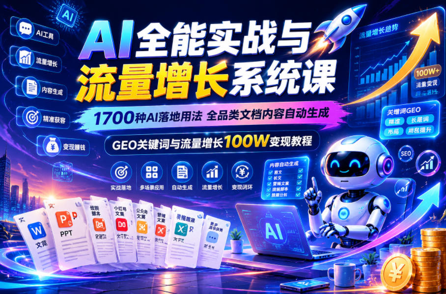 fb402c1b36ea6accc005230b4dbf3cf6.jpeg AI全能实战与流量增长系统课,1700种AI落地用法,全品类文档内容自动生成,GEO关键词与流量增长100W变现教程