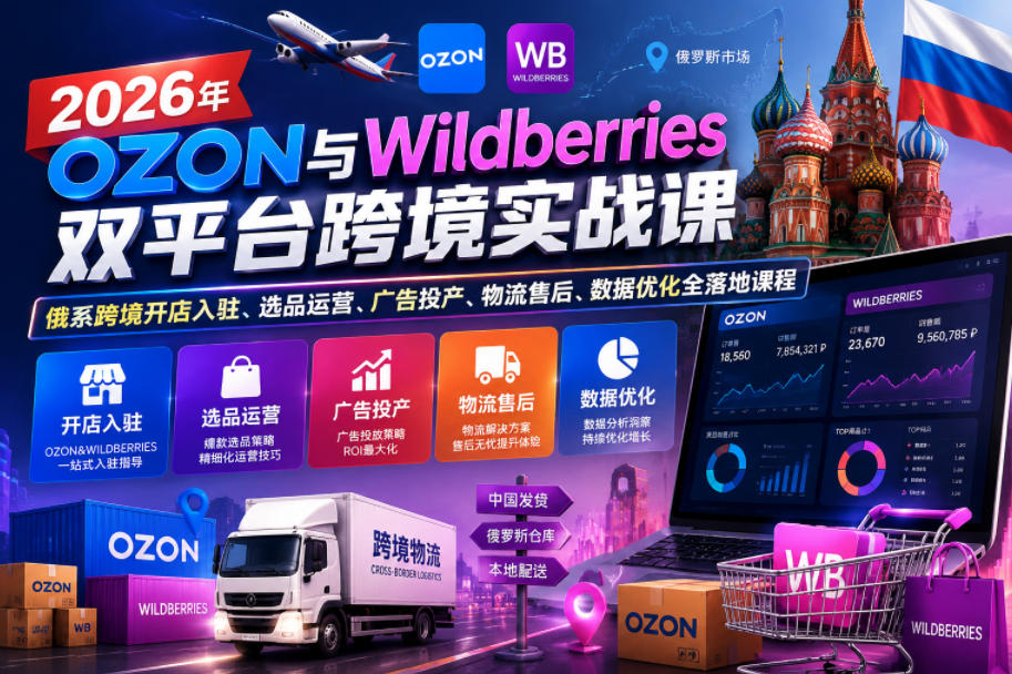 2026年OZON与Wildberries双平台跨境实战课，俄系跨境开店入驻、选品运营、广告投产、物流售后、数据优化全落地课程-冒泡网