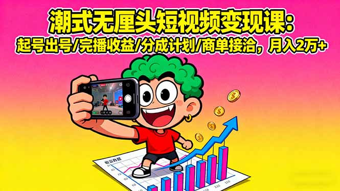 潮式无厘头短视频变现课:起号出号/完播收益/分成计划/商单接洽,月入2万+-冒泡网
