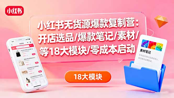 小红书无货源爆款复制营：开店选品/爆款笔记/素材/等18大模块/零成本启动-冒泡网